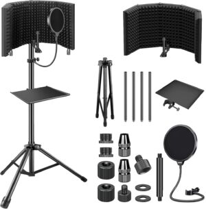 Studio Recording Microphone Isolation Shield with Pop Filter & Tripod Stand, High Density Absorbent Foam to Filter Vocal, Foldable Sound Shield for Blue Yeti and Condenser Microphones