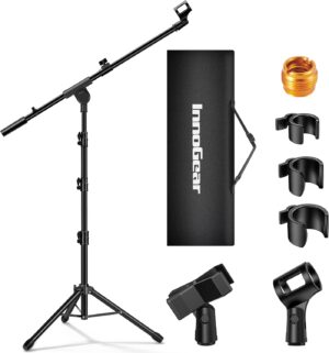 Microphone Stand, Tripod Boom Arm Floor Mic Stand Height Adjustable Heavy Duty with Carrying Bag 2 Mic Clips 3/8" to 5/8" Adapter for Blue Yeti Shure SM58 SM48 Samson Q2U